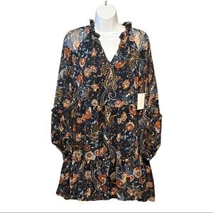 1.State XS Paisley Floral Printed Tunic Dress Ruffle Tiered Chiffon Boho Mini